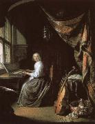christian schubart a 17th century dutch painting by gerrit dou of woman at the clvichord. oil painting on canvas